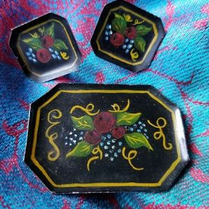 Vintage Toleware set brooch and earrings black painted floral pin